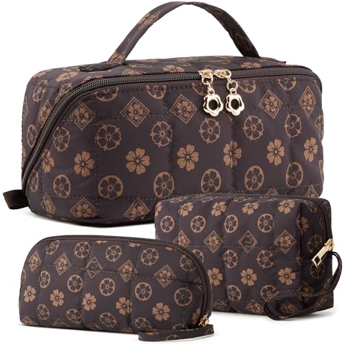 YTL Travel Makeup Bag, Puffer Cosmetic Organizer Bags, Women Toiletry Case - color: Coffee Flower Puffer