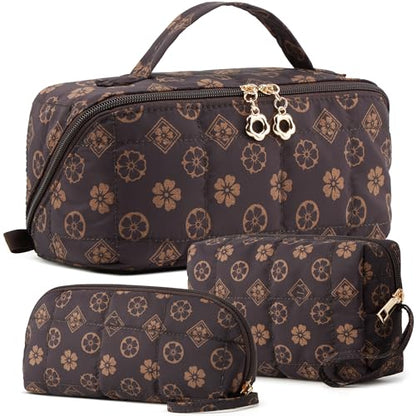 YTL Travel Makeup Bag, Puffer Cosmetic Organizer Bags, Women Toiletry Case - color: Coffee Flower Puffer