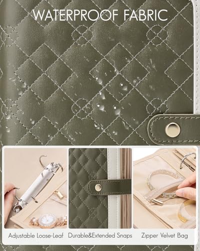 VLANDO Jewelry Organizer,Loose-Leaf with Clear Velvet Pouches,Olive Green - color: 03.Olive Green