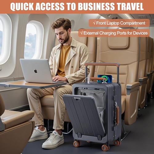 ROPLUS Carry On Luggage with Front Cover Compartment, Aluminium Frame Rolling Suitcase with Skate Wheels, USB Ports, Cup Holder, TSA Lock (GrayBrown, 21-Inch) - color: GrayBrown, size: 21-Inch