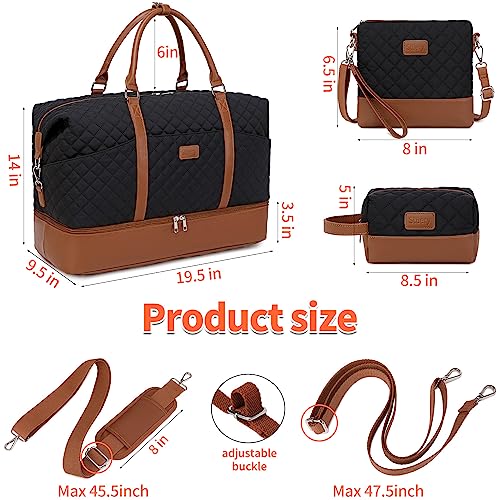 Weekender Bag, Large Travel Duffel Bag for Women, Carry on Overnight Bag with Shoe Compartment and Toiletry Bags - color: Black
