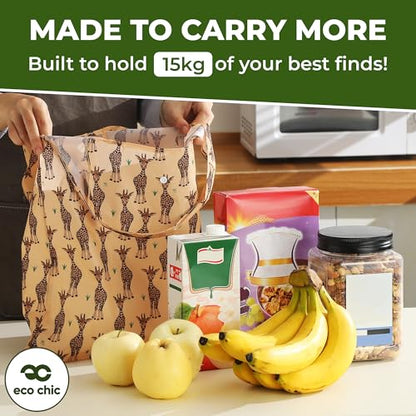 ECO CHIC Foldable Reusable Grocery Bags - Lightweight, Recycled & Reusable Shopping Bag - Waterproof Packable Tote - color: Flowers Beige