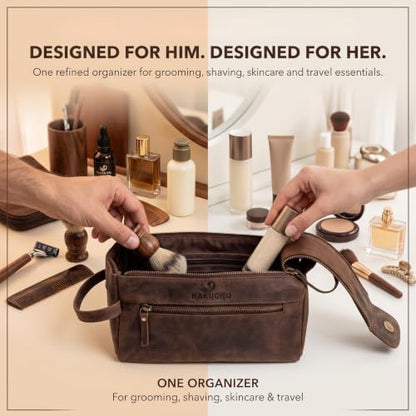 Full Grain Leather Toiletry Bag for Men & Women, Dark Brown - color: Brown