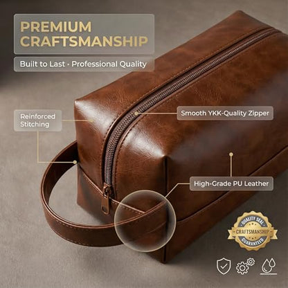 Toiletry Bag for Men, PU Leather Dopp Kit with Wide Opening, Handle and Inner Pockets, Water Resistant Travel Shaving Bag for Suitcase Gym and Bathroom, Brown - color: Brown