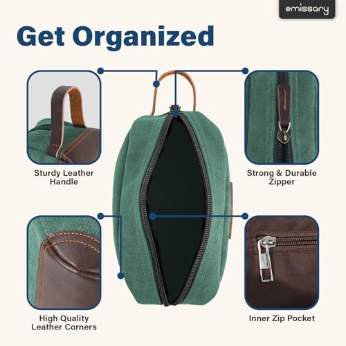 emissary Men's Canvas Travel Toiletry Bag, Leather Dopp Kit - Green - color: Green