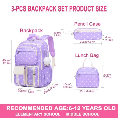 Girls Backpack Set 3PCS Ages 6-12, Kids School Backpack - color: Purple Heart