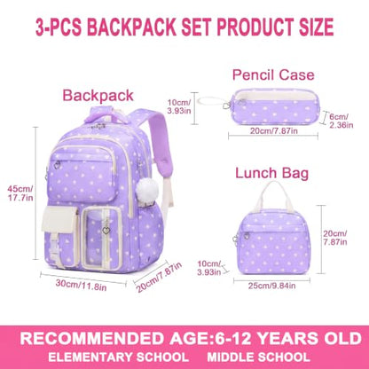 Girls Backpack Set 3PCS Ages 6-12, Kids School Backpack - color: Purple Heart