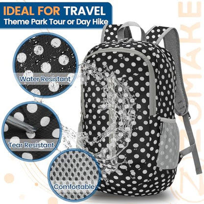ZOMAKE Lightweight Packable Backpack 25L, Foldable Hiking Daypack - color: Black, White Polka Dot, size: 25L