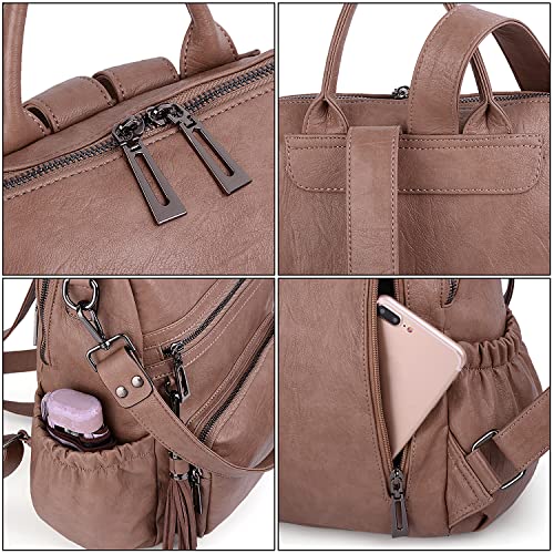 UTO Women Backpack Purse Leather Vegan Rucksack Travel Shoulder Bag - color: 0454 Khaki Medium