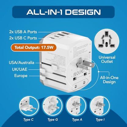 Ceptics 5 in 1 Travel Adapter Worldwide, Universal Socket, 2 USB-A + USB-C - color: White/Silk