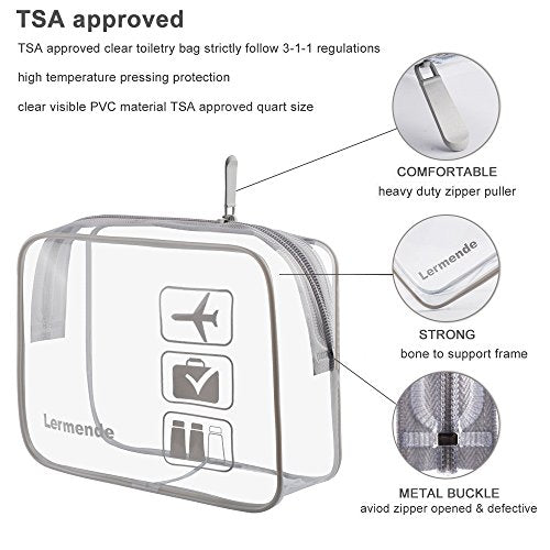 Lermende Clear Toiletry Bag TSA Approved Quart Size Travel Carry On - 2Pcs - color: Gray, size: 2 Pack
