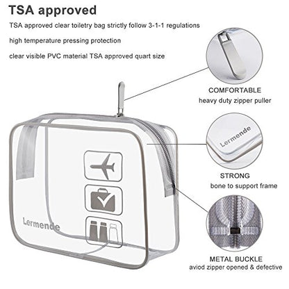 Lermende Clear Toiletry Bag TSA Approved Quart Size Travel Carry On - 2Pcs - color: Gray, size: 2 Pack