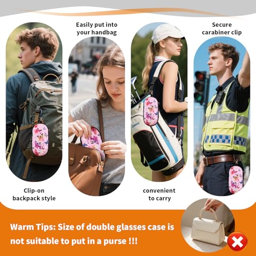 Double Eyeglasses Case, Hard Shell Dual Sunglasses Organizer with Zipper Clip Travel Glasses Storage for Women Men - color: Pink Butterfly