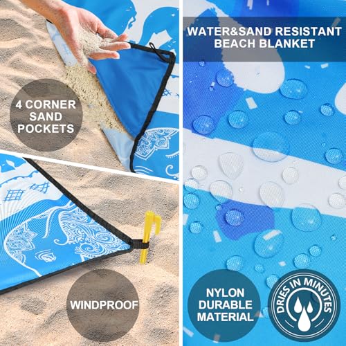 HIHOHO Beach Blanket Waterproof Sandproof Quick Drying Mat for 1-8 Adults - color: Elephant-gc Bl, size: 6'11" x 6'7"