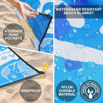 HIHOHO Beach Blanket Waterproof Sandproof Quick Drying Mat for 1-8 Adults - color: Elephant-gc Bl, size: 6'11" x 6'7"