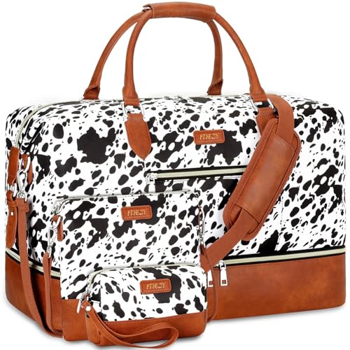 ITIEZY Weekender Bag for Women 21.5" Travel Duffel Large Carry On Bag 3PCS - color: 5-Black Cow