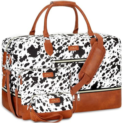 ITIEZY Weekender Bag for Women 21.5" Travel Duffel Large Carry On Bag 3PCS - color: 5-Black Cow