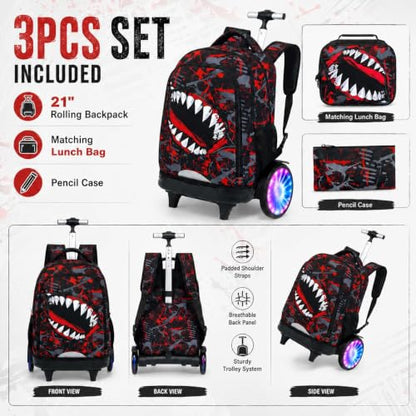 20 Inches Large Wheels Rolling Backpack for Boys with Light Up, 3Pcs Kids Graffiti Shark Wheeled Backpack Set for Elementary School (Red) - color: BigMouth-Red (Large Wheel)