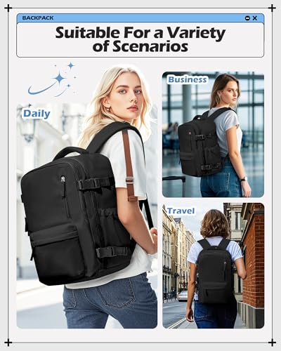 winspansy Travel Backpack for Women Men Essentials Carry on Luggage Flight Approved Personal Item Bag Work Backpack - color: Black