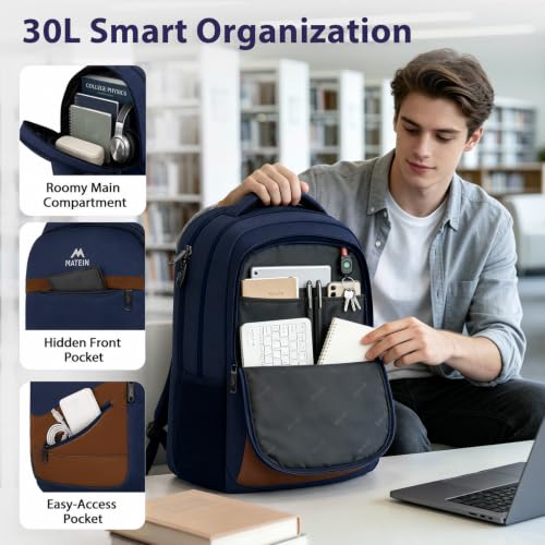 MATEIN Travel Backpack for Men with Anti Theft Pocket, TSA Friendly Bag - color: Dark Blue Brown, size: 17 Inch