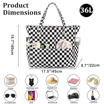 LEDAOU Large Beach Bag for Women, Waterproof Sandproof Tote Bag with Zipper - color: Black White Grid