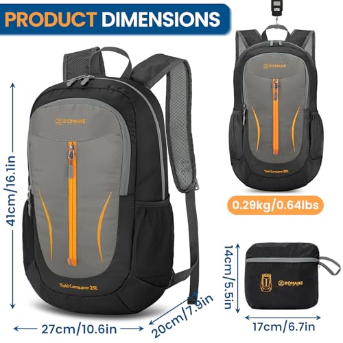 ZOMAKE Lightweight Packable Backpack 25L, Foldable Hiking Daypack - color: Black&medium Grey