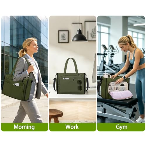 oscaurt Work Tote Bag for Women, 18 Pocket Laptop Tote, 15.6" Compartment - color: Army Green