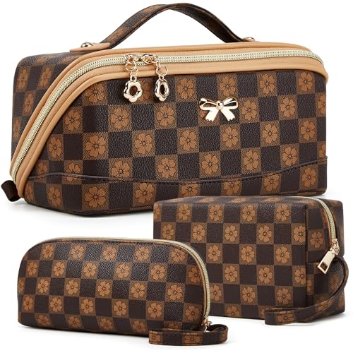 YTL Makeup Bag Travel Cosmetic Bag PU Leather Toiletry Case Pouch for Women - color: Checked Coffee