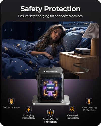 LENCENT 85W Universal Travel Adapter with Retractable USB C Cable, GaN - color: Black