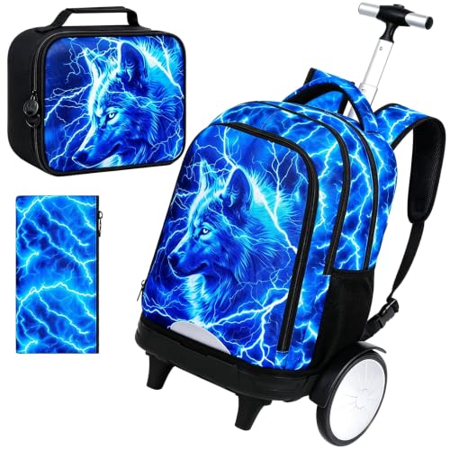 20 Inches Large Wheels Rolling Backpack for Boys with Detachable, 3Pcs Kids Lightning Wolf Wheeled Backpack Set for Elementary School (Blue) - color: Lightning Wolf (Large Wheels)