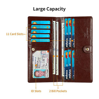 Lavemi Ultra Slim Thin Leather Women Wallet RFID Blocking Credit Card Holder Bifold Long Ladies Billfold - color: 1-waxed Coffee