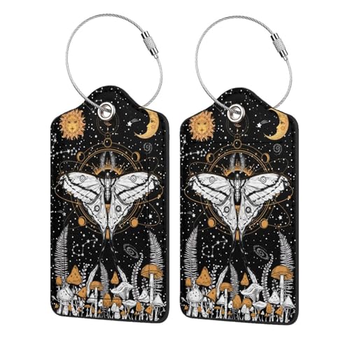 Mushrooms Moth Moon Star 2 Pack Luggage Tags, Unique Leather Suitcase Tags Identifiers with Privacy Name Address Labels & Durable Steel Loop