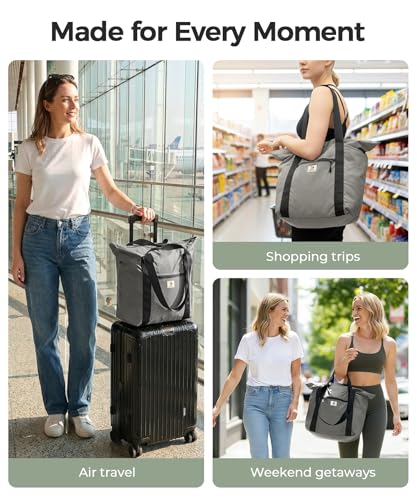 Foldable Travel Bag, 26L Lightweight Weekender Duffel, Expandable Second Carry-On Bag for Travel & Shopping, Water-Resistant Personal Item Bag, Gray - color: Gray