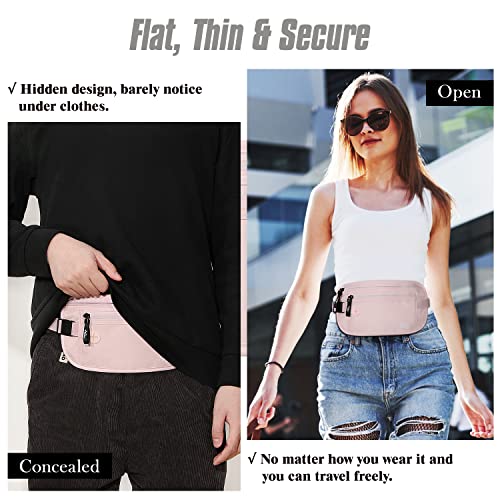 MoKo Travel Money Belt with RFID Blocking, 3 Pockets, Pink - color: Pink, size: Waist for 28"-50"