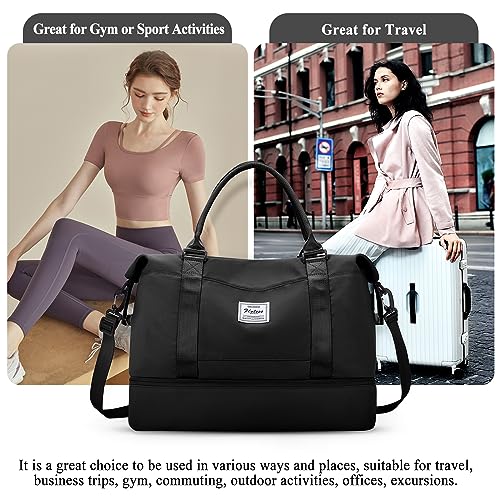 Weekender Bags for Women,Personal Item Travel Bag with Shoes Compartment - color: Black with BlackGray Toiletry Bag, size: Large