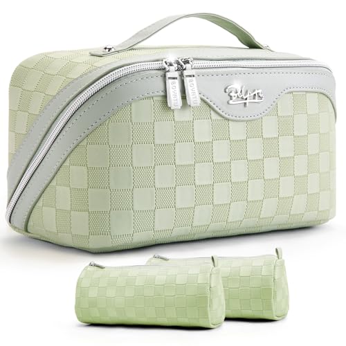 BOYATU Travel Makeup Bag Organizer: 180°Open-Flat 3 Pcs Make up Bags Set - color: 01-D-Green
