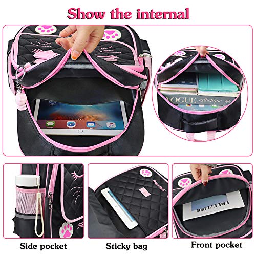 Cat Black School Backpack for 8-16 Year Old Girls, Cute Elementary School Bags Bookbags for Kids - color: Black