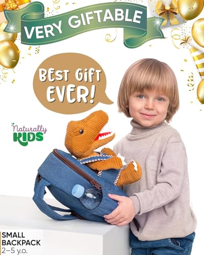 Naturally KIDS Toddler Backpack w. Plush Brown Dinosaur Toy, Kids Gift 2-5 - color: 04 Dinosaur Trex, size: Small
