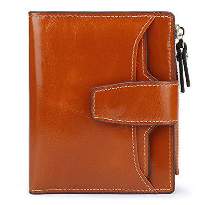 Women's RFID Blocking Leather Small Compact Bi-fold Zipper Pocket Wallet Card Case Purse with id Window - color: Waxed Camel