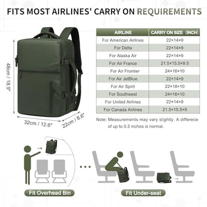 30L Lay Flat Travel Backpack for 16 Inch Laptop Carry On Green - color: Green