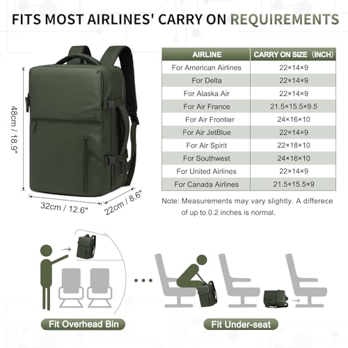 30L Lay Flat Travel Backpack for 16 Inch Laptop Carry On Green - color: Green