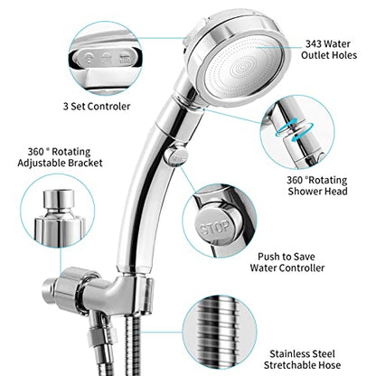 Marbrasse High Pressure Shower Head with Hose and Holder, 3-Settings Handheld Showerhead with Push Switch and Button to Control Water Flow for Saving Water,Removable Camper Shower Head - color: Shower Head with Hose and Holder, 1Pack