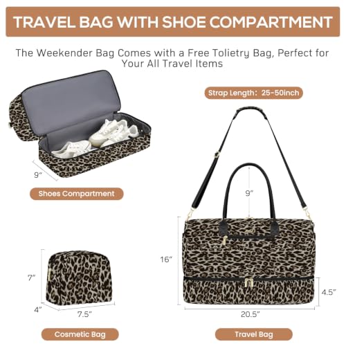 Travel Weekender Bags for Women: Duffel Bag with Shoe Compartment Overnight - color: 32-Brown Leopard Print, size: 40L-Large