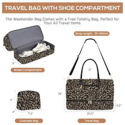 Travel Weekender Bags for Women: Duffel Bag with Shoe Compartment Overnight - color: 32-Brown Leopard Print, size: 40L-Large