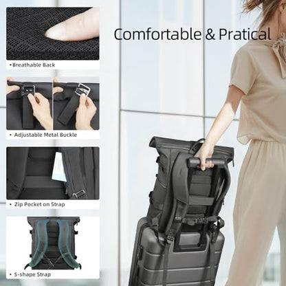 Rolltop Laptop Backpack, Expandable Business Travel Backpack for Men Women - color: Black