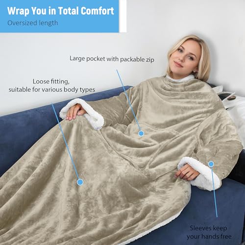 Catalonia Sherpa Wearable Blanket with Sleeves Arms - color: Camel
