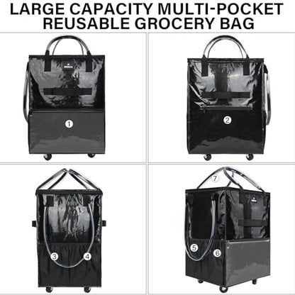 Large Reusable Grocery Bag On 5 Wheels, 130L Foldable Rolling Tote Bag - color: Black, size: Large