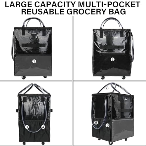 Reusable Grocery Bag On Wheels, 70L Foldable Rolling Tote with 6 Pockets - color: Black, size: Medium