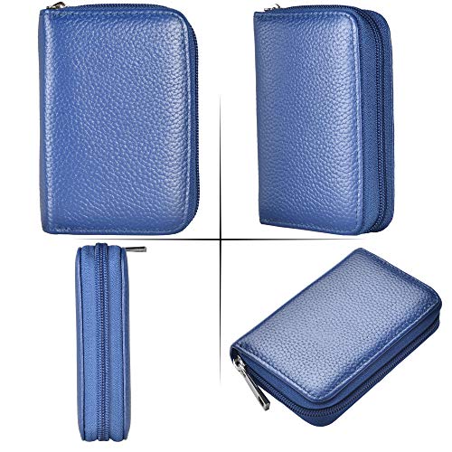 Easyoulife Genuine Leather Credit Card Holder Zipper Wallet With 26 Card Slots - color: Blue, size: small