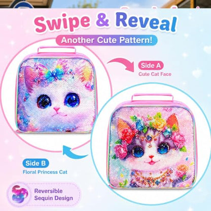 HPJGD 3PCS Cat Rolling School Bag for Girls, Girls Backpack with Wheels, Water Resistant Reversible Sequins Wheeled Backpack Set with Lunch Box - color: Sequin Cat